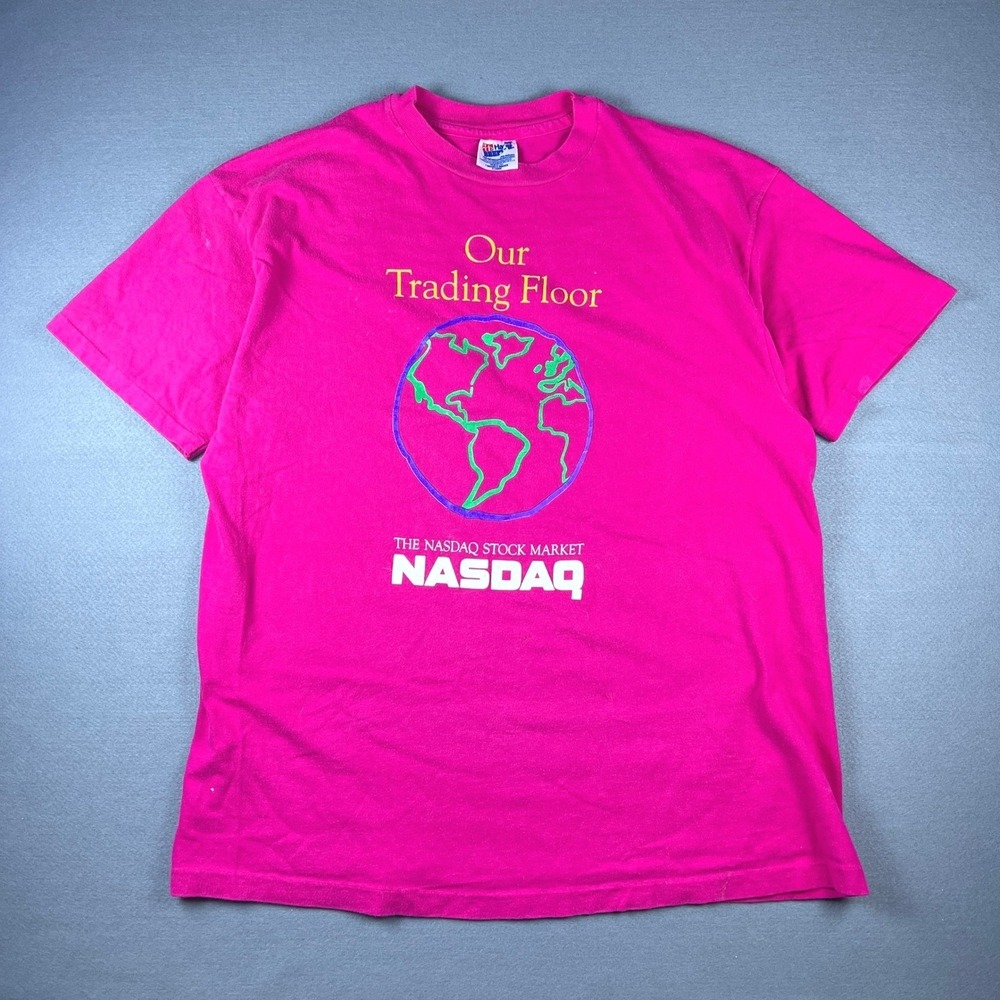 Vintage Hanes Beefy-T NASDAQ Crypto Our Trading Floor Pink T-Shirt Mens XL USA